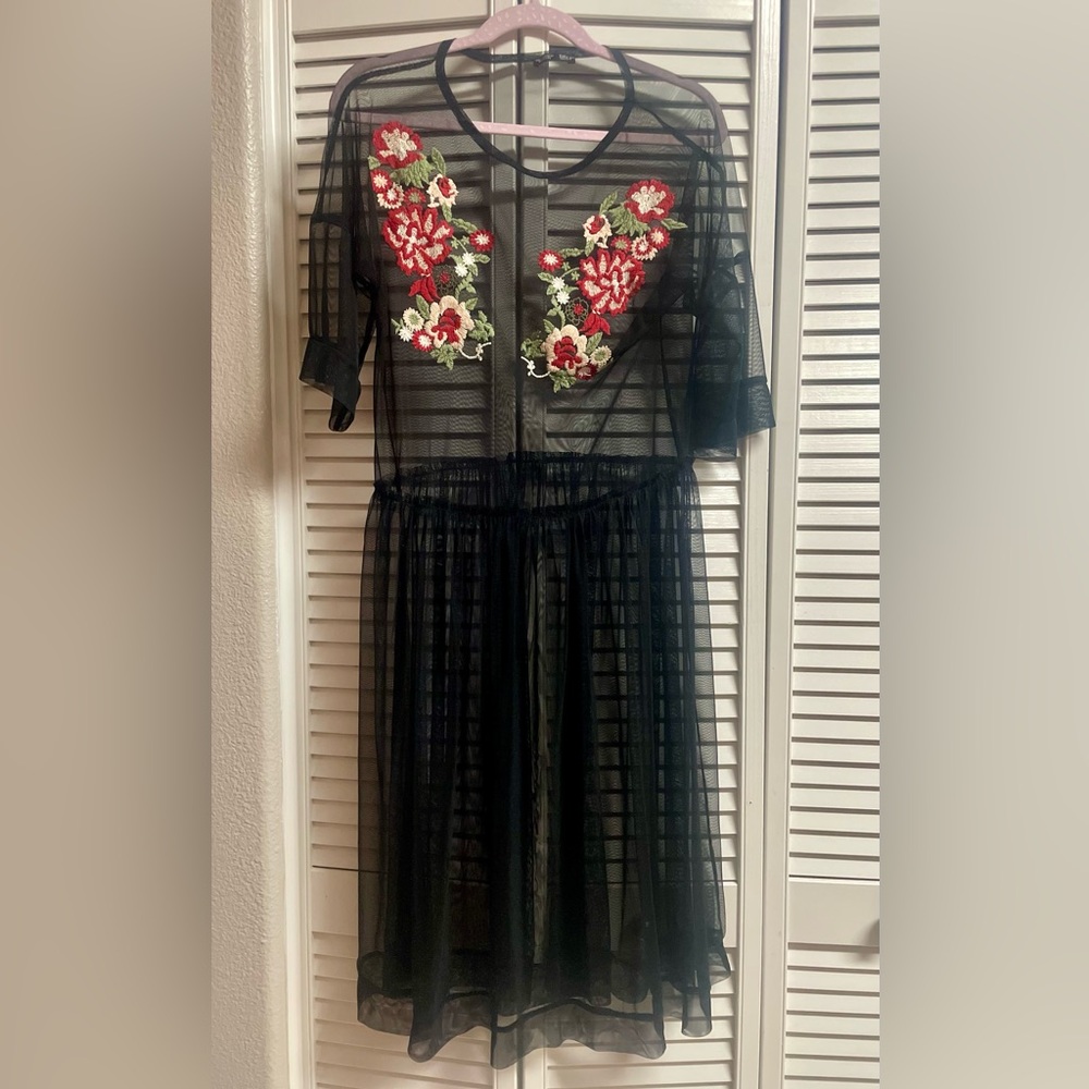 Zara Black Sheer Dress with Red Floral Embroidery